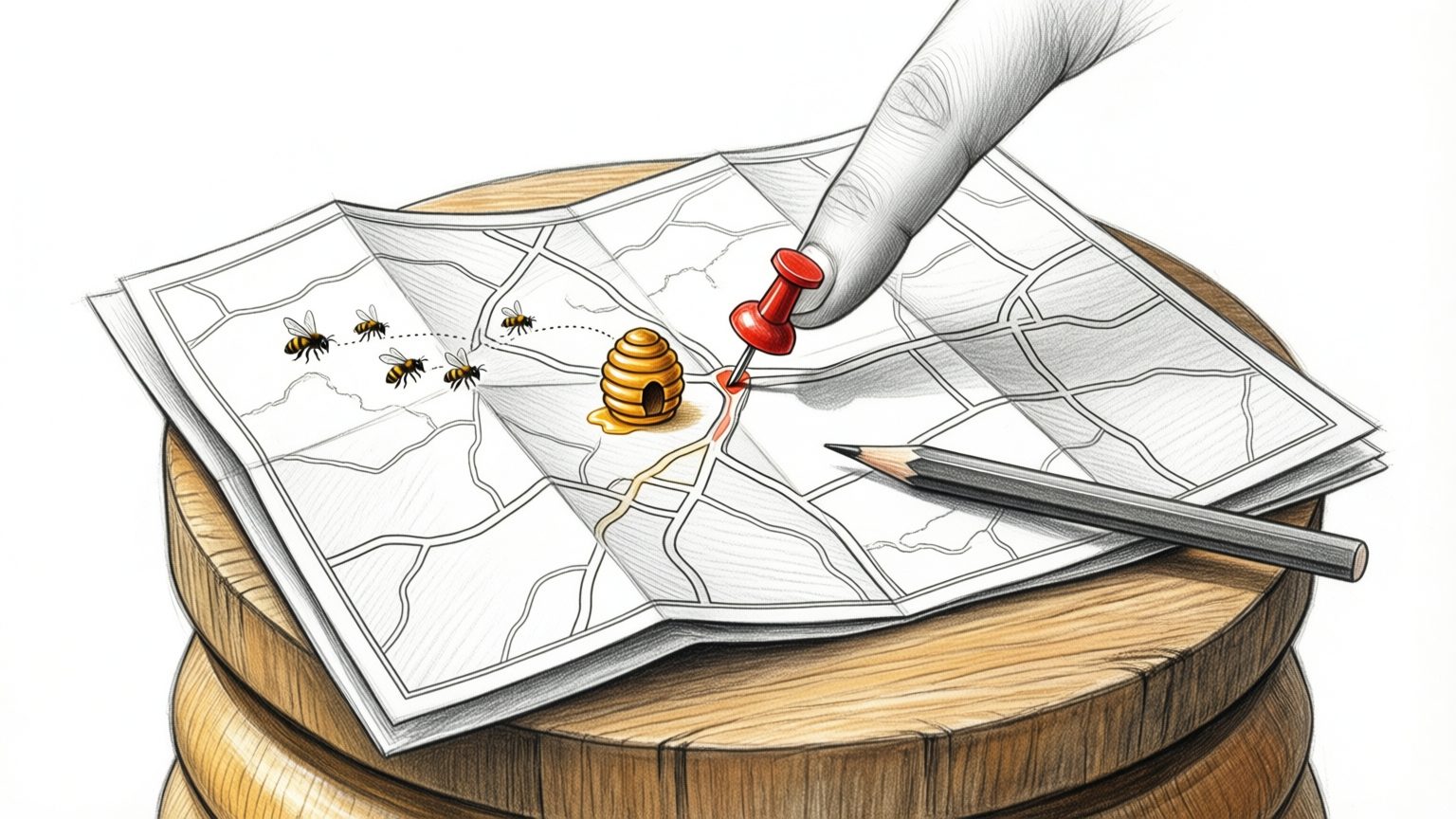 A hand-drawn map of Georgia with a pin on one apiary