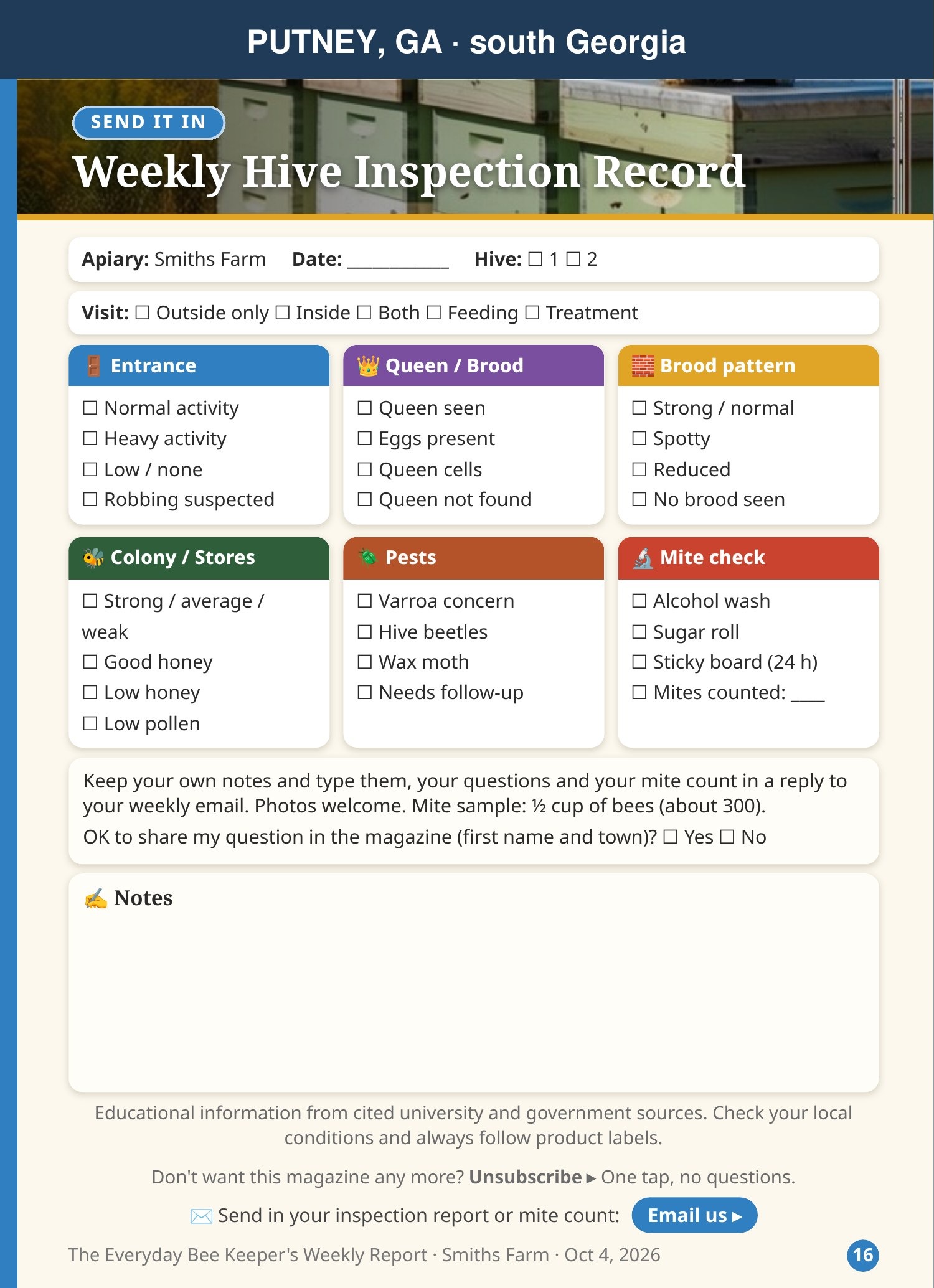 Weekly Hive Inspection Record